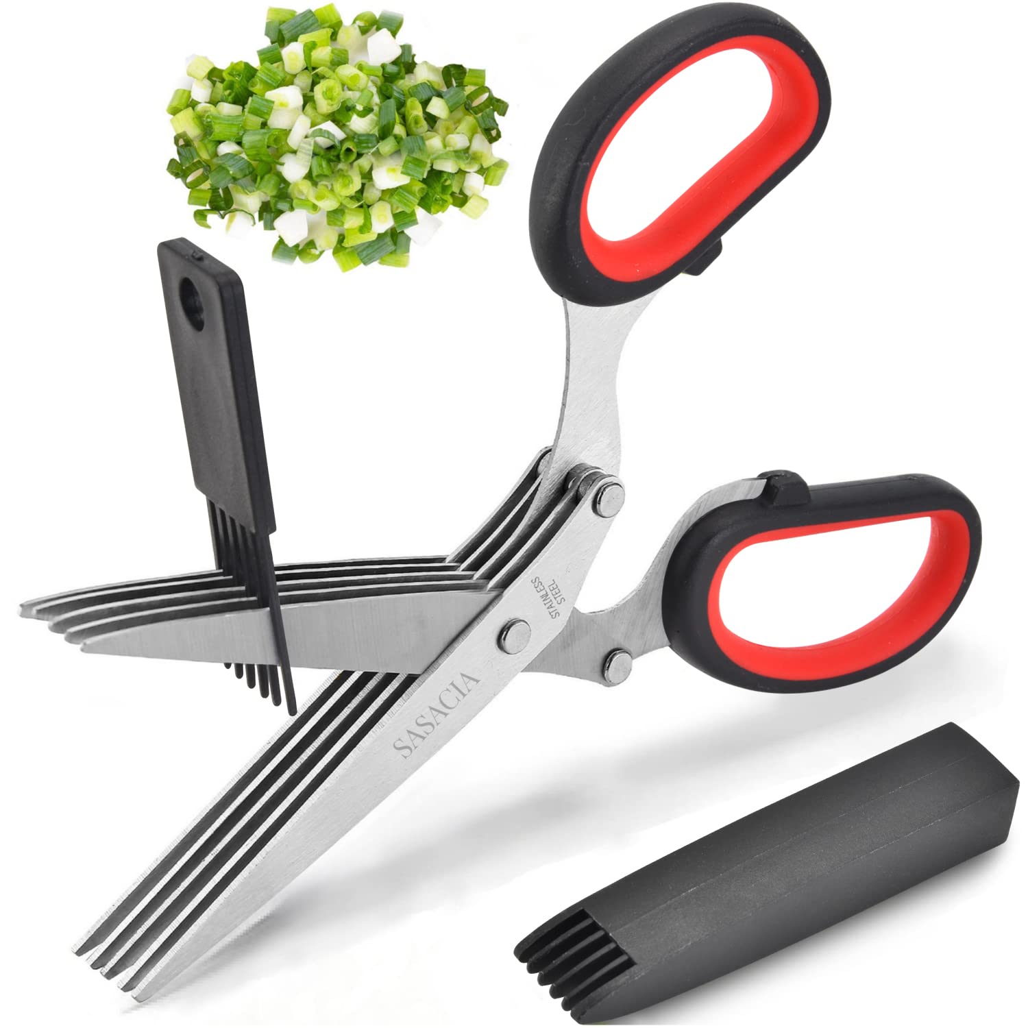 SASACIA Herb Scissors with 5 Blades & Cleaning Kit, Stainless Steel Kitchen Shears for Herbs, Lettuce, Cilantro, Dishwasher Safe, Soft-Grip Handle