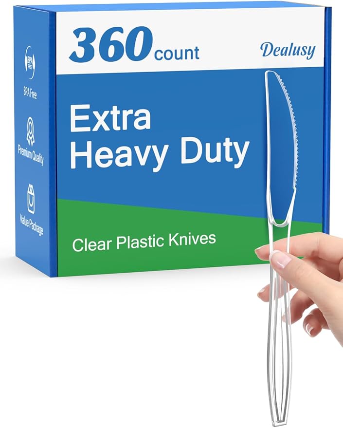 Dealusy 360 Count Extra Heavy Duty Clear Plastic Knives Disposable, BPA-Free, Heat Resistant, Solid and Durable Disposable Knives Bulk, Premium Plastic Knives heavy duty for Party Supply