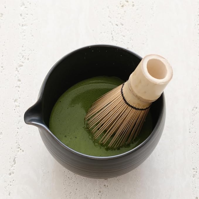 WENSHUO Matcha Whisk Set, Ceramic Matcha Bowl with Spout, Black,6-Pc