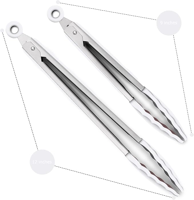 2 Pack Silicone Kitchen Tongs – 9" & 12" Set, Heat Resistant up to 500°F, Non‑Stick Cookware Safe, Wavy Silicone Tips, BPA Free, Locking Clip & Hanging Loop, Light Grey