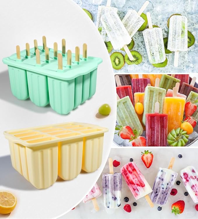HoneTeek Silicone Popsicles Molds 12 Pieces, Popsicle Holders for Kids with 50 Wooden Sticks Cake Pop Molds, Ice Pop Mold BPA Free Easy Release,Ice Cream Molds Popsicle Maker for Toddlers