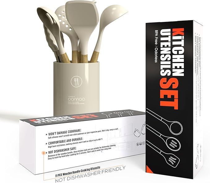 oannao Silicone Cooking Utensils Set - 446°F Heat Resistant Silicone Kitchen Utensils for Cooking,Kitchen Utensil Spatula Set w Wooden Handles, BPA FREE Gadgets for Non-Stick Cookware (Khaki)