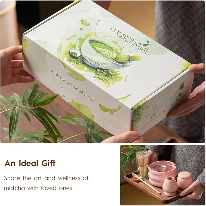 MatchAiA Matcha Whisk Set - Ceramic Bowl, Bamboo Whisk with Holder, Sifter, Schima Spoon, Spoon Rest and Tea Towel - 7 Pcs Complete Kit for Traditional Matcha and Modern Lattes (Pink)