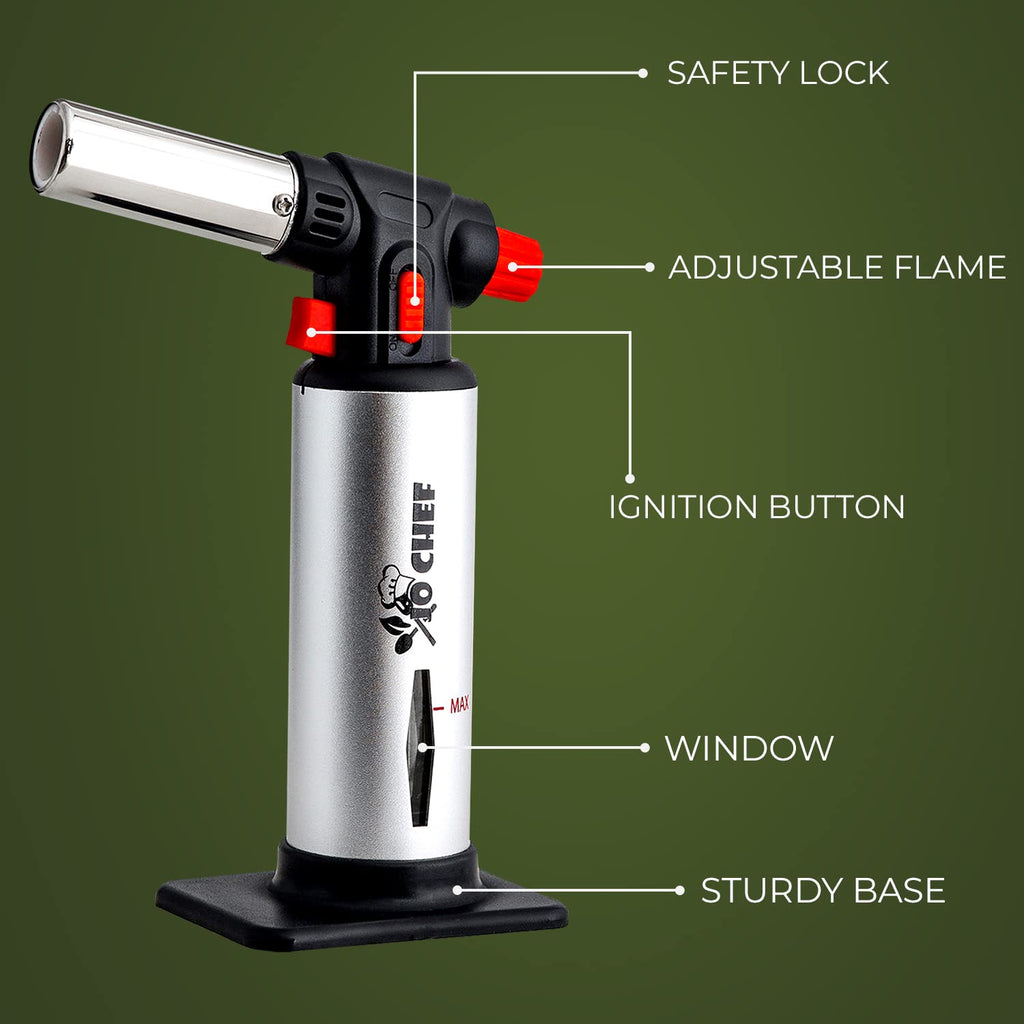 Jo Chef Kitchen Torch with Butane Included – Refillable Lighter with Safety Lock & Adjustable Flame, Blow Culinary Torch for Cooking, BBQ, Creme Brulee, DIY and Soldering - 1 Can (5.07oz) Included