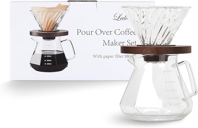 Lalord Pour Over Coffee Maker, 20 oz Borosilicate Glass Carafe with 100 pcs V60 Paper Filter, Walnut Handle & Glass Lid, Drip Coffee Maker for Home Café Restaurant Camping, 600 ml, Clear