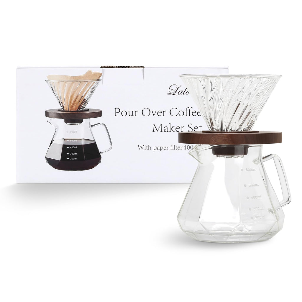 Lalord Pour Over Coffee Maker, 20 oz Borosilicate Glass Carafe with 100 pcs V60 Paper Filter, Walnut Handle & Glass Lid, Drip Coffee Maker for Home Café Restaurant Camping, 600 ml, Clear