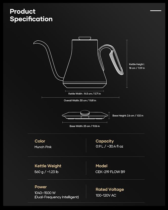 INTASTING Gooseneck Electric Kettle with ±1℉ Temperature Control 0.9 Liter