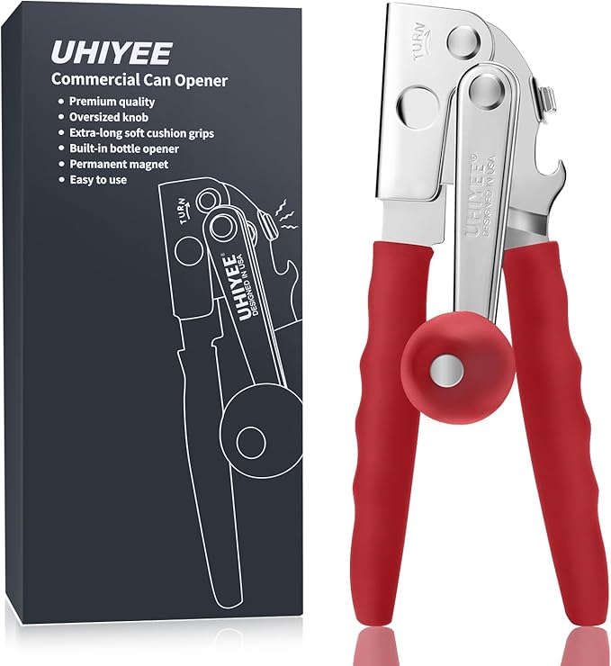 UHIYEE Commercial Can Opener Heavy Duty, Hand Crank for Large Cans, Red