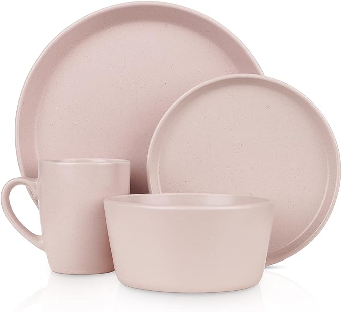 Stone Lain Albie Stoneware 32-Piece Modern Dinnerware Set, Kitchen Plates and Bowls Sets, Service for 8, Pink, Microwave & Dishwasher Safe