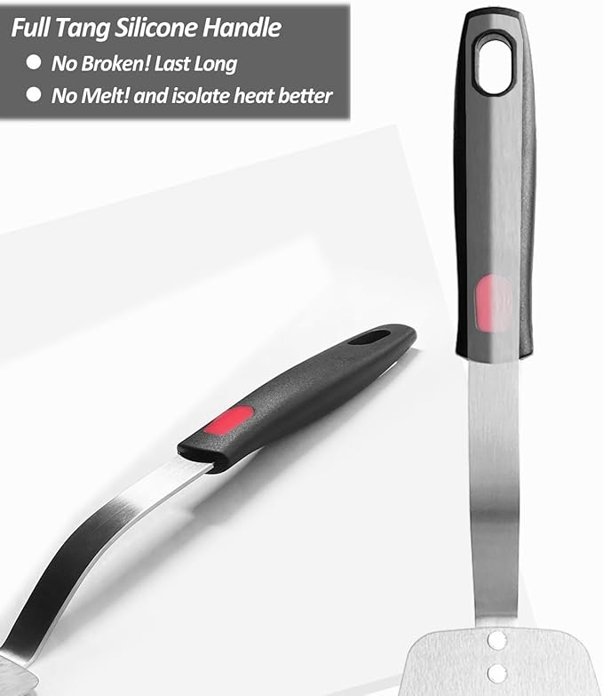 Stainless Steel Spatula, Flexible Metal Slotted Turner for Cast Iron Skillet, Thin Blade and Heat Resistant Silicone Handle, Great for Egg, Cookie, Meat, Crep, Small