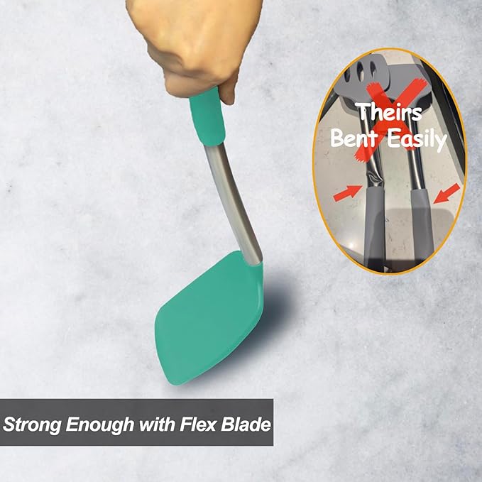 2 Pack Spatulas, Solid & Slotted Silicone Spatula Set, Stainless Steel Handle Coated with Silicone, Non Stick Turners, Heat Resistant Rubber Spatulas for Fish, Eggs, Pancakes, WOK, Teal