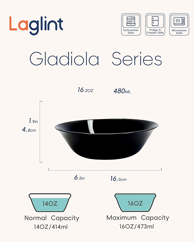 LaGlint 16 OZ Max Black Opal Glass Cereal Bowl Set of 6, 6.5 Inch