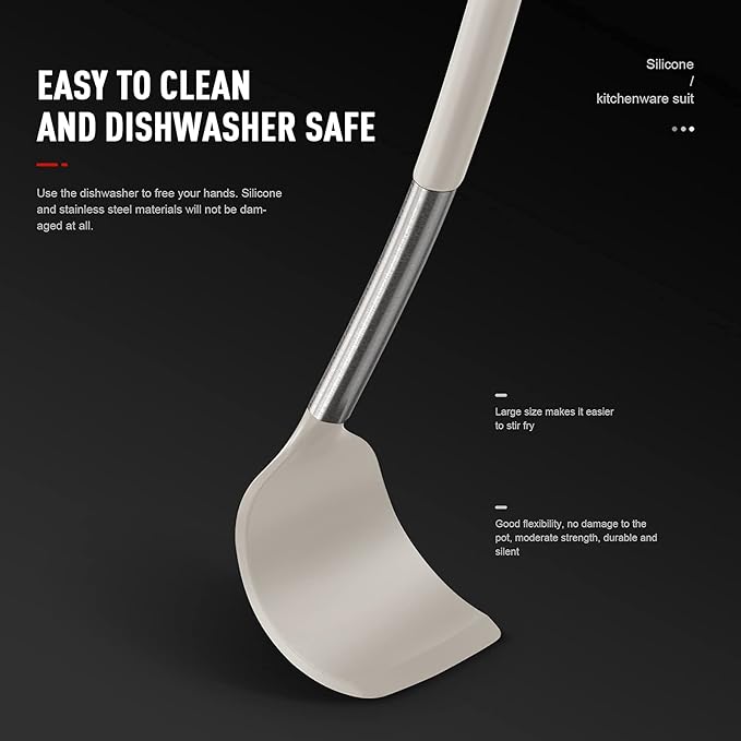 oannao Large Silicone Cooking Utensils Set - Heat Resistant Kitchen Utensils,Turner Tongs,Spatula,Spoon,Brush,Whisk,Stainless Steel Cooking Tool for Nonstick Cookware,Dishwasher Safe (Khaki)