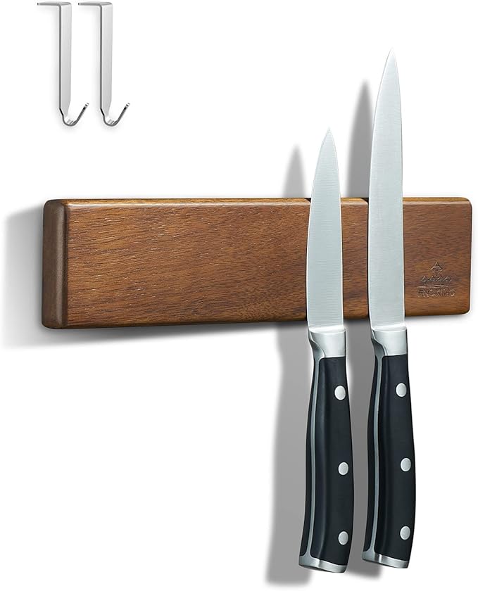 ENOKING 10Inch Magnetic Knife Holder for Refrigerator - Acacia Wood Knife Strip with Exquisite Gold-Foil Gift Box - Compact Knife Bar with 2 Hooks, No Drilling Solution