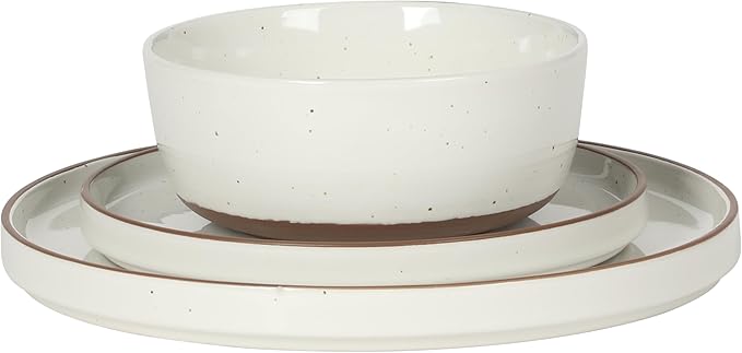 Gibson Elite Northrock Stoneware Dinnerware Set, 12-Piece Service for 4 Plates and Bowls Set – White Dishes with Hand-Painted Terracotta Base