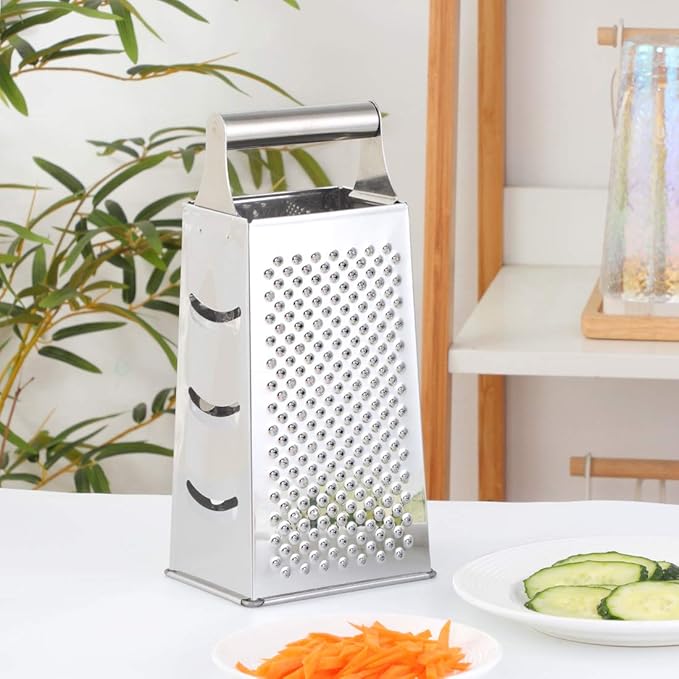 TEAHAHA 4 Sides Box Grater For Kitchen,Stainless Steel Cheese Grater With Handle,Multi-Function Vegetable Slicer Food Shredder For Chees,Ginger,Vegetables,Dishwasher Safe, Silver