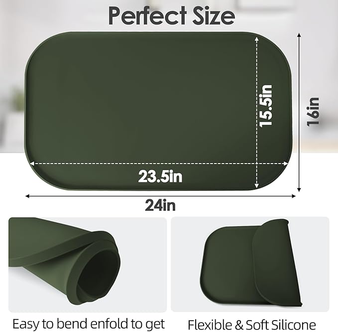 Silicone Coffee Maker Mat with Lip for Countertops, 24'' x 16'' Dark Green