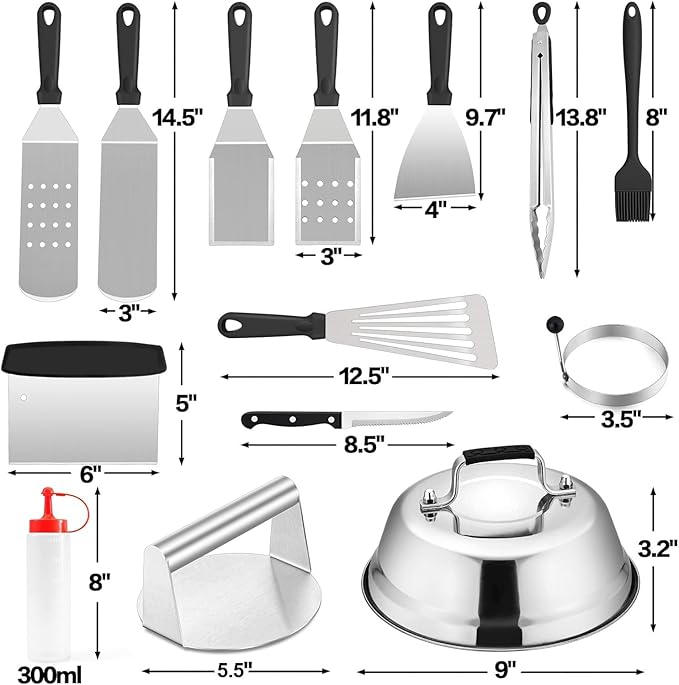 Griddle Accessories Kit of 20, HaSteeL Heavy Duty Metal Spatula Set, Stainless Steel Teppanyaki Tools for Flat Top, Barbecue Grilling Indoor & Outdoor, Melting Dome, Burger Turner, Dishwasher Safe
