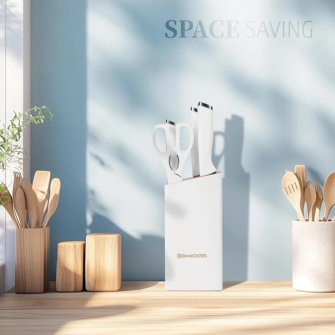 Diamosteel White Knife Set with Wooden Block, 7-Piece Knife Block Set