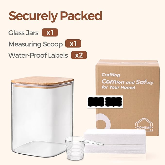 ComSaf Glass Storage Jars with Bamboo Lids 3.6 Qt Large Pantry Square