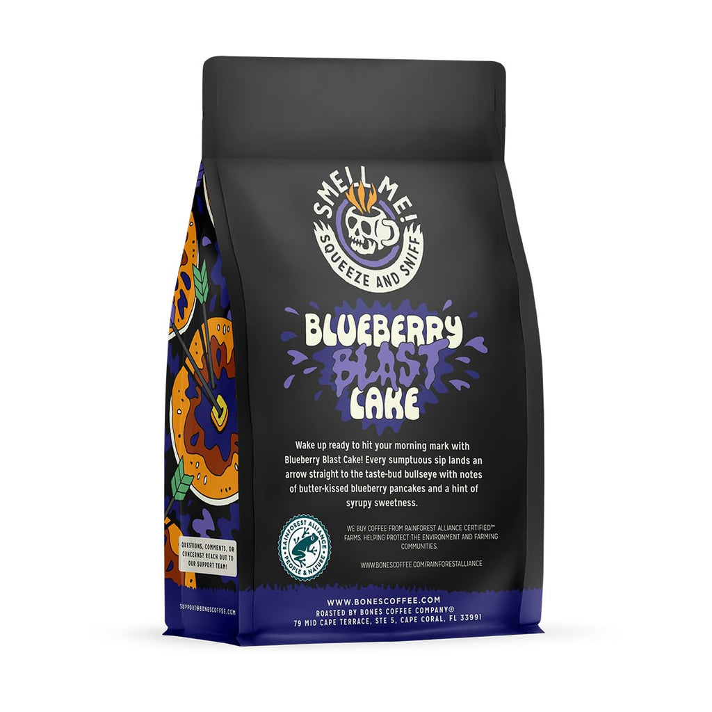 Bones Coffee Company Blueberry Blast Cake, Blueberry Pancakes Flavored Coffee, Medium Roast Low Acid Arabica Beans Compatible with Auto drip and French Press Coffee Maker, 12 Oz Ground
