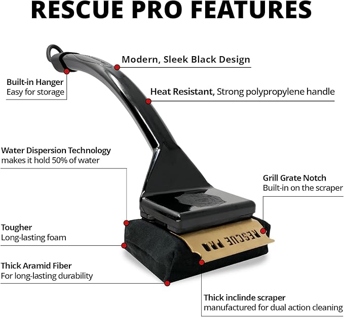 Grill Rescue BBQ Replaceable Scraper Cleaning Head, [Rescue-Upgraded], Bristle Free Grill Brush, Durable and Unique Scraper Tools for Cast Iron or Stainless-Steel Grates, Barbecue Cleaner (Rescue Pro)