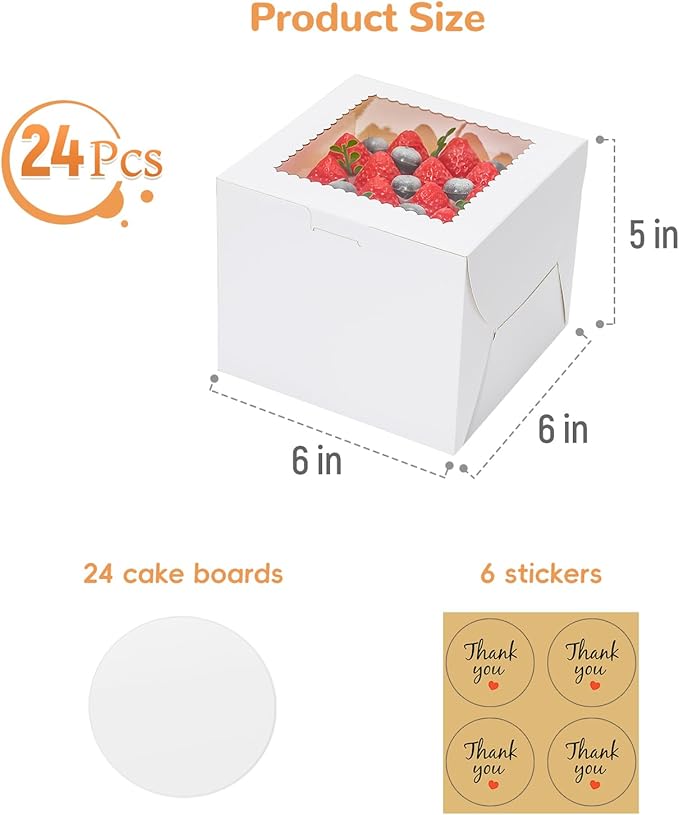 EQOREIIN 24Pack 6 inch Small Cake Boxes with Cake Board and Stickers