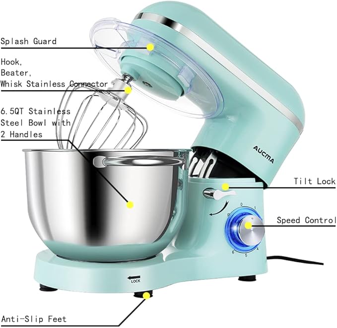 Aucma Stand Mixer,6.5-QT 660W 6-Speed Tilt-Head Food Mixer, Kitchen Electric Mixer with Dough Hook, Wire Whip & Beater (Blue, 6.5QT)