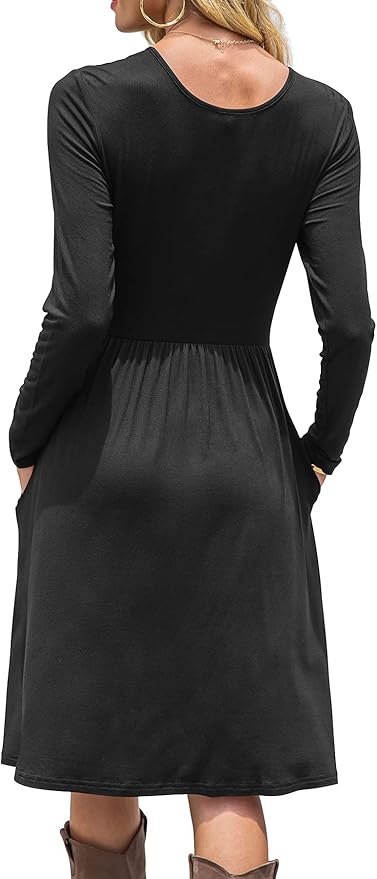 DB MOON Women Casual Long Sleeve Dresses Empire Waist Loose Dress with Pockets (Black, S)