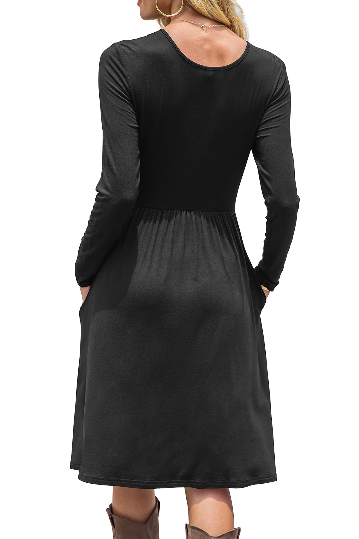 DB MOON Women Casual Long Sleeve Dresses Empire Waist Loose Dress with Pockets (Black, L)