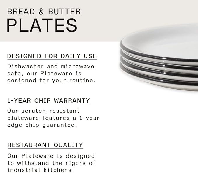 Made In Cookware - Set of 4 - Bread and Butter Plates - White With Black Rim - Porcelain England
