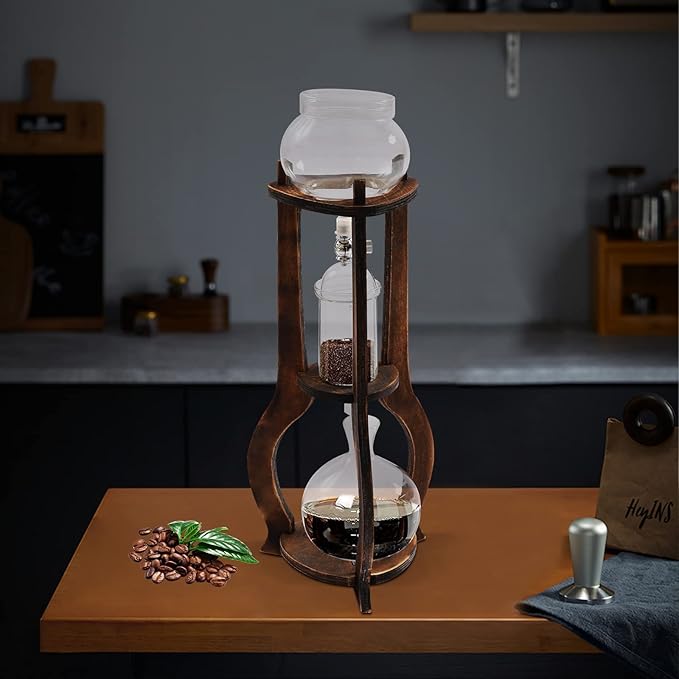 Netcoin Cold Brew Coffee Maker, 600 ml/20.29 oz Iced Coffee Tower Dripper Coffee Maker & Tea Maker 6-8 Cups, High Borosilicate Glass, Wood, 304 Stainless Steel, Copper - for Home Office (Brown)