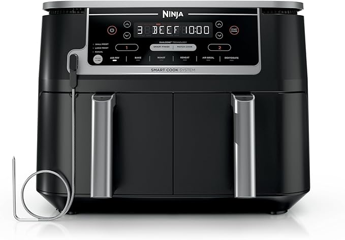 Ninja DZ550 Foodi 10 Quart 6-in-1 DualZone Smart XL Air Fryer with 2 Independent Baskets, Cook Thermometer for Perfect Doneness, Match and Finish to Roast, Dehydrate and More, Black