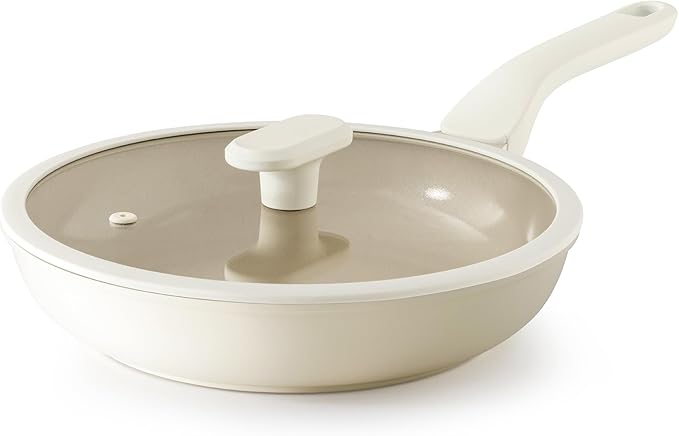 PRICUSIS Nonstick Ceramic Frying Pan with Lid, 8/10 Inch Skillet with Stay Cool Handle, Fully Coated, 100% Dishwasher Safe, PTFE PFAS & PFOA Free (10 Inch, Coconut White