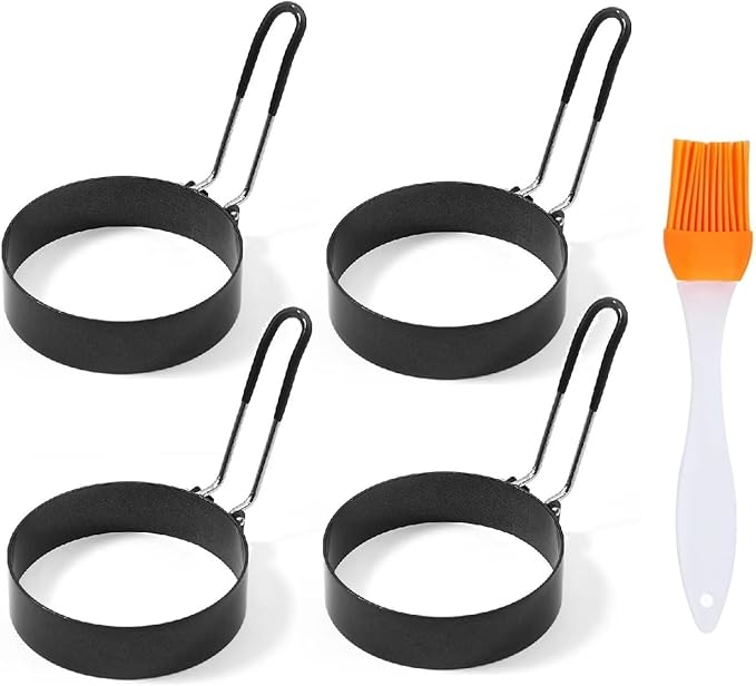 3.5" Egg Rings Set of 4 with Silicone Handle, Large Ring for Frying Eggs, Round Mold for English Muffins - Griddle Cooking Shaper for Indoor Camping Breakfast Sandwiches w/Silicone Oil Brush