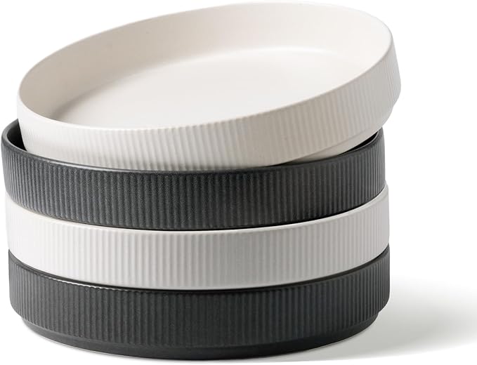 famiware Star 8.25" Pasta Bowls Set of 4, Bowl Plate, Dark Charcoal & White