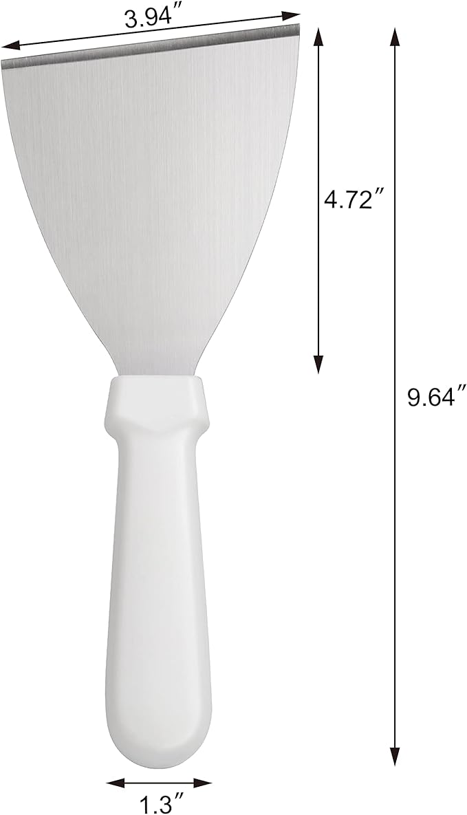 New Star Foodservice Stainless Steel Slant Edge Grill Scraper with White Plastic Handle, 4 x 8.5 Inch Restaurant Grade Griddle Scraper, Flat Top Scraper, Grill Cleaning Tool