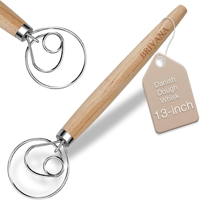 Danish Dough Whisk for Sourdough Bread, 13-Inch Bread Whisk with Wooden Handle, Stainless Steel Single Loop Dough Mixer and Sourdough Whisk for Bread Making, Pizza Dough, Batter and Pastry
