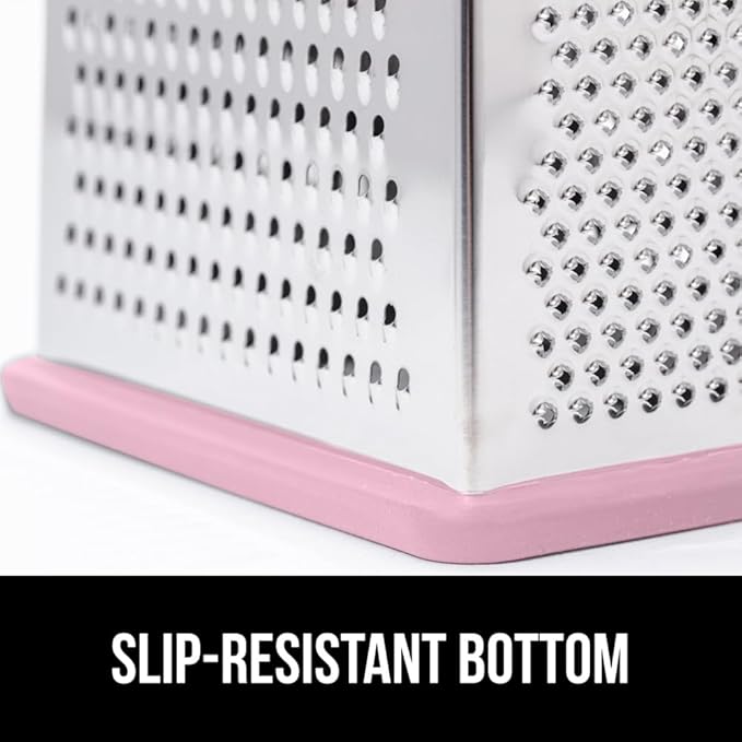 GORILLA GRIP® XL 4-Sided Stainless Steel Cheese Grater With Measurement Container, BPA-Free Box Grater, Slip Resistant Base, Grate Hard Parmesan, Shred Veggies, Zest Citrus, Dishwasher Safe, Pink