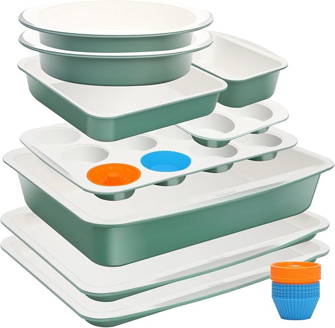 Ymiton Ceramic Nonstick Baking Pans Set, Non Toxic 33 PCS Stackable Bakeware Sets, 550°F Oven Safe Baking Sheet & Pans, Warp-Free, Dishwasher Safe, PTFE/PFOA/PFOS-Free (Green)
