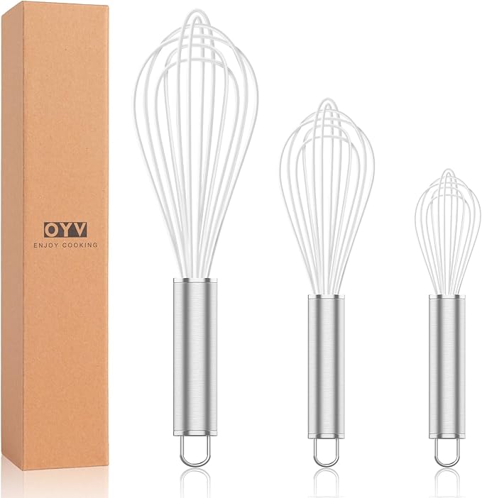 OYV White Silicone Whisk Set of 3, 8/10/12 Inch, Non-Scratch
