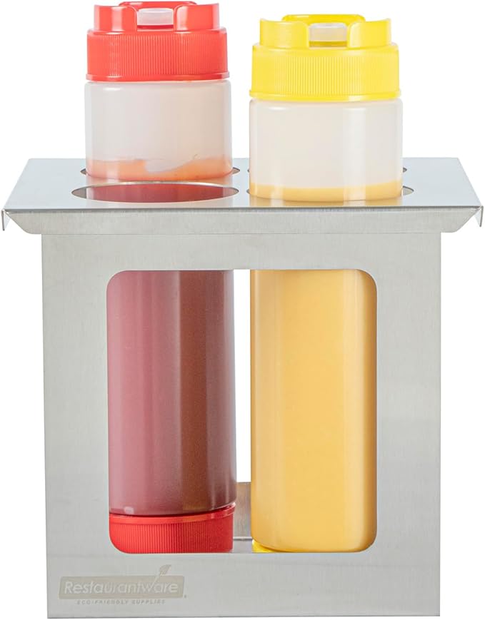 Restaurantware Squeeze Bottle Holder 1 Count 6.30 x 7.01 x 6.26 Inches Stainless Steel Condiment Organizer - Four-Hole Durable Kitchen Rack - Silver Prep Station Organizer