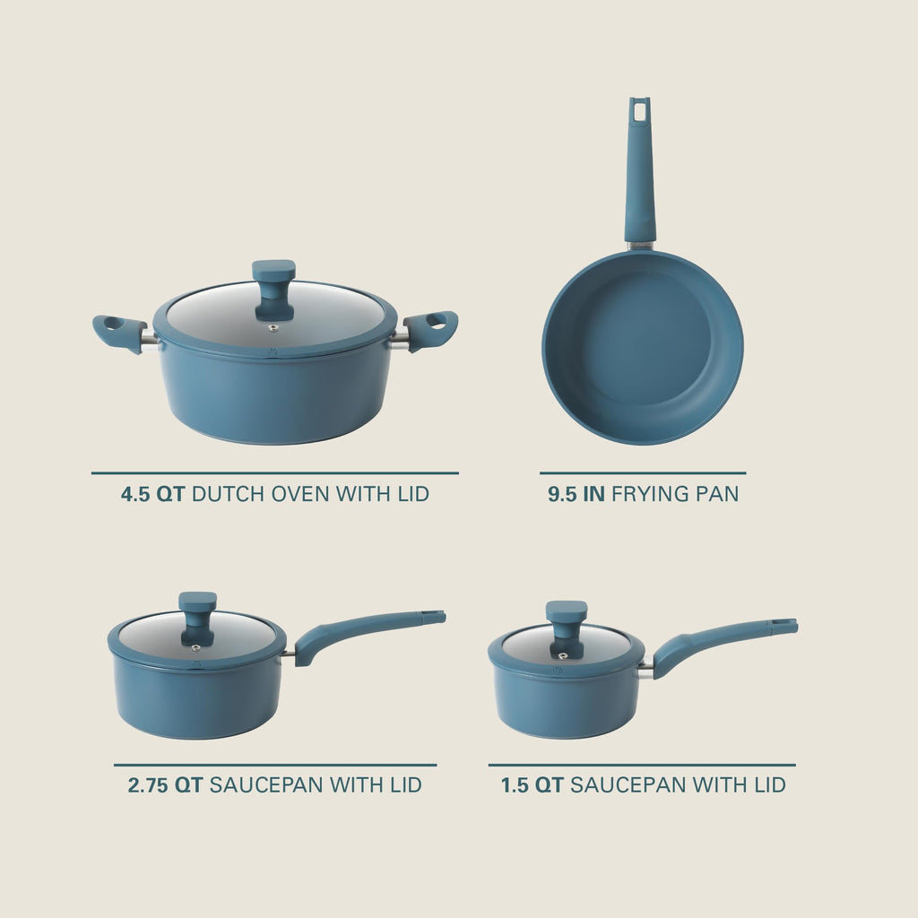 Gibson Home Helensburgh 7-Piece PFA-Free Ceramic Nonstick Carbon Steel Cookware Set – Blue Pots and Pans with Glass Lids, Saucepan, Dutch Oven, Fry Pan