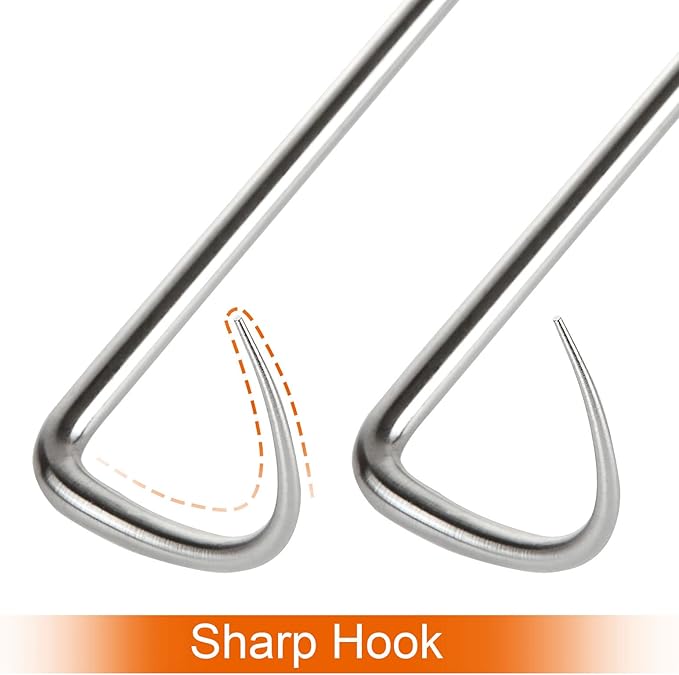 Acrux7 4 Pack Pigtail Meat Flipper Hook, 17 Inch Stainless Steel BBQ Meat Hook with Wooden Handle, Steak Turner Flipper Hook, Pigtail Food Flippers for Grilling, Smoking, Easy to Clean & Right Handed