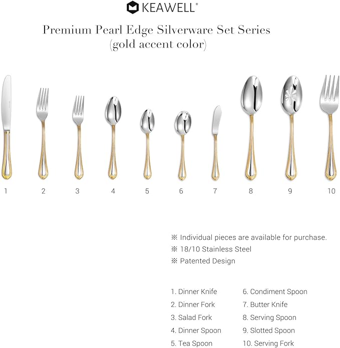 KEAWELL Premium Pearl Edge 20/45/65-Piece Silverware Set (45, Gold Accent)
