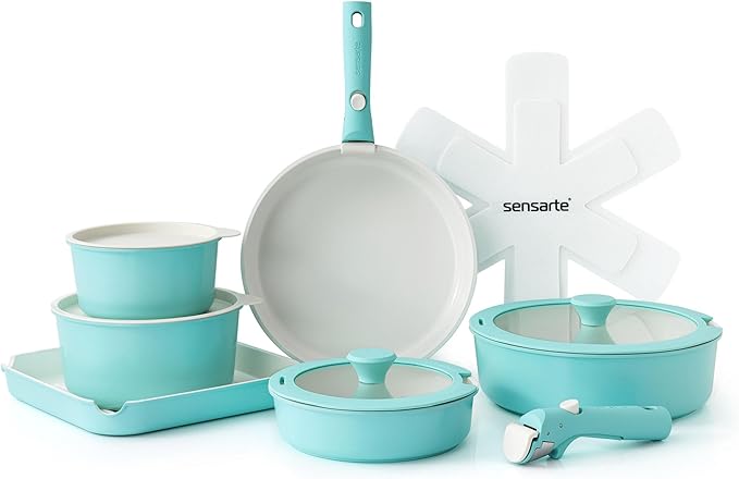SENSARTE 17 Piece Ceramic Detachable Handle Pots and Pans Set Turquoise