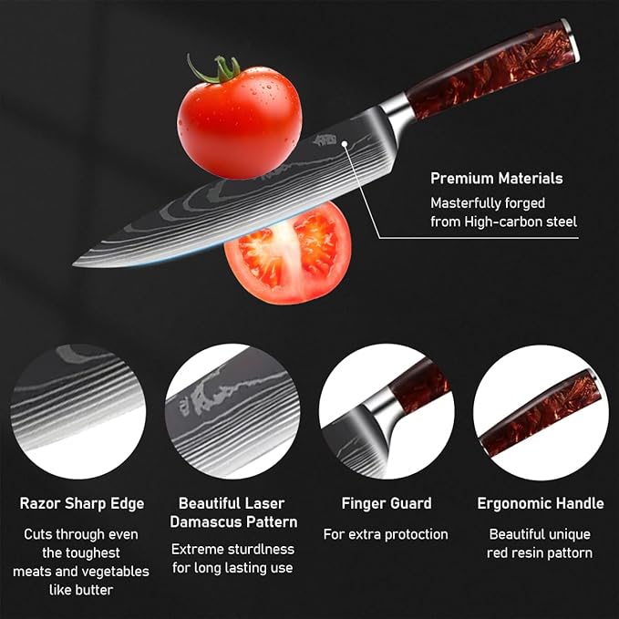 FIVE COWS 8-Piece Premium Japanese Kitchen Knife Set - Star Collection, Laser Damascus Pattern, 440A Stainless Steel Ultra Sharp for Fast Cutting (DMS-8A-Red)