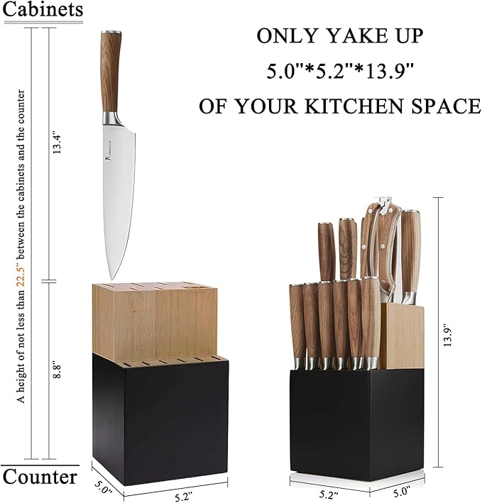 Kangdelun Ultra Sharp 15-Piece Kitchen Knife Set, High Carbon Stainless Steel Blades, Torrefied Brown Wood Handles, Ergonomic Design, Space-Saving Black-Finished Wood Block, Easy Hand Wash, Gift Box