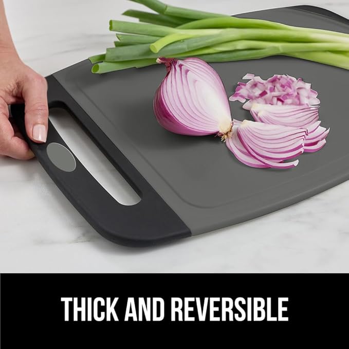 GORILLA GRIP BPA-Free Reversible Kitchen Cutting Board Set of 3, US Designed, Nonporous, Juice Grooves Catch Liquid, Slip Resistant Border, Dishwasher Safe, Durable Food Chopping Boards, Gray Black