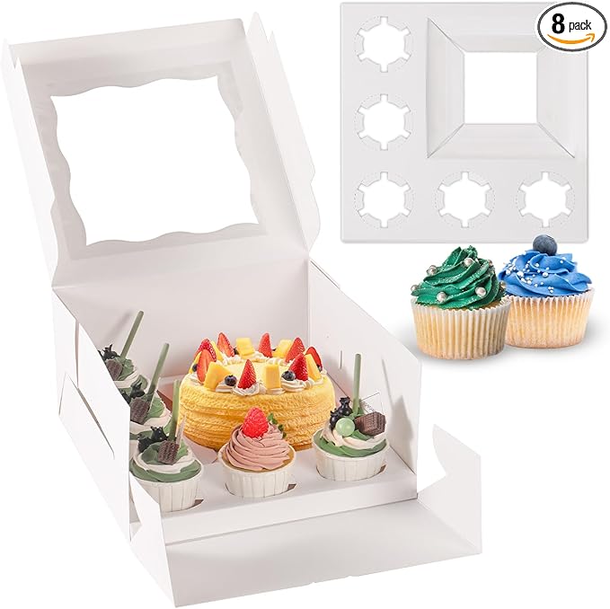 JCD 8 Packs 1+5 Cupcake Box Combo with Clear Window,1 small Cake and 5 Cupcakes Box with insert and Stickers, for Family Birthday Party Mother's day (1+5/8pcs)